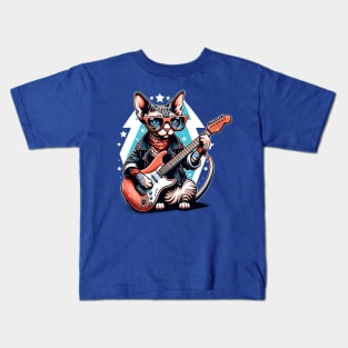 Devon Rex Cat Playing Guitar Kids T-Shirt